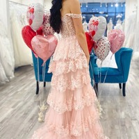Pink Off The Shoulder Tiered A-Line Prom Dress,PD230624 - Thumbnail 1