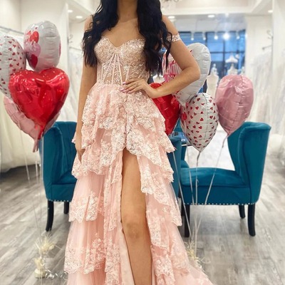 Pink off the shoulder tiered a-line prom dress,pd230624