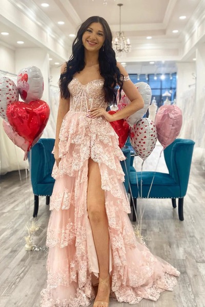 Pink Off The Shoulder Tiered A-Line Prom Dress,PD230624