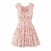 Retro style sexy U-neck waist ruffled floral dress - Thumbnail 1