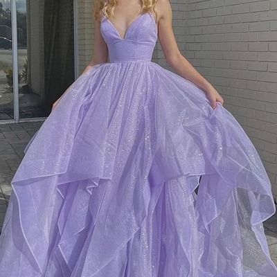 Spaghetti straps a line lilac long prom dress with ruffles ,pd230625