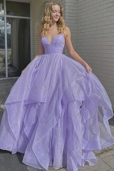 Spaghetti Straps A Line Lilac Long Prom Dress with Ruffles ,PD230625