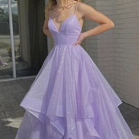 Spaghetti Straps A Line Lilac Long Prom Dress with Ruffles ,PD230625 - Thumbnail 1