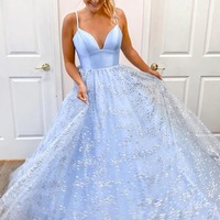 Spaghetti Straps A Line Light Blue Long Prom Dress with Beading,PD230626 - Thumbnail 1