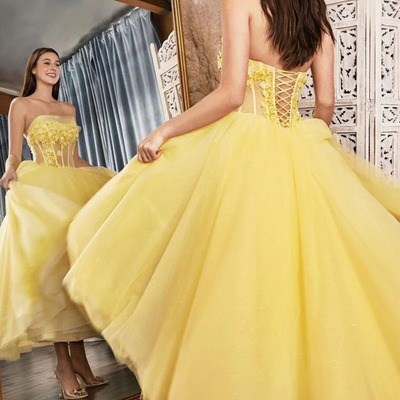 Strapless yellow long a line prom dress with criss cross back ,pd230627