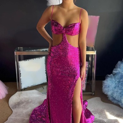 Sparkly hot pink cut out sequins sheath long prom dress with slit ,pd230629