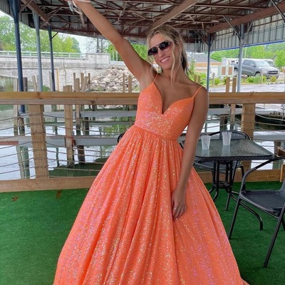 A-line sequins spaghetti straps long prom dress,pd230631