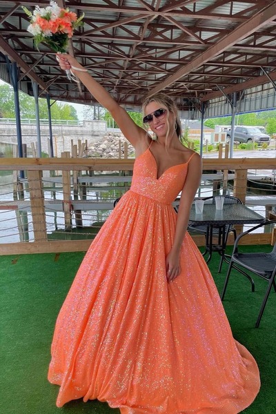 A-Line Sequins Spaghetti Straps Long Prom Dress,PD230631