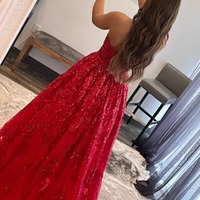 Red Strapless Sequin Lace  A-Line Prom Dresses,PD230632 - Thumbnail 1