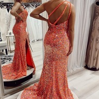 One Shoulder Orange Sequins Long Mermaid Prom Dress with Split Front,PD230634 - Thumbnail 1