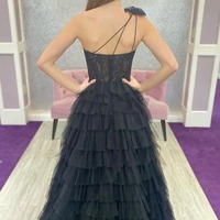 Black One Shoulder Corset Tiered Long Prom Dress with Ruffles ,PD230637 - Thumbnail 1
