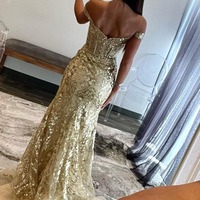 Gold Mermaid Sequin Lace Off the Shoulder Prom Dress,PD230639 - Thumbnail 1