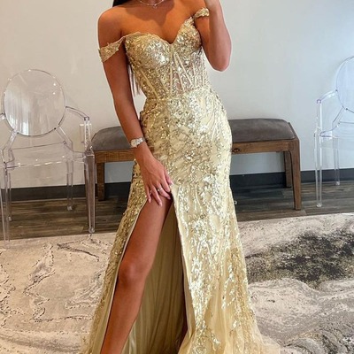 Gold mermaid sequin lace off the shoulder prom dress,pd230639