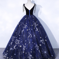 Beautiful Navy Blue Tulle Long Prom Dress, Spaghetti Straps Lace Flower Sleeveless Backless Formal Dress,1803 - Thumbnail 1