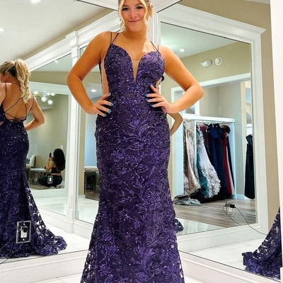Graple mermaid v neck neck sequin lace long prom dress,pd230644