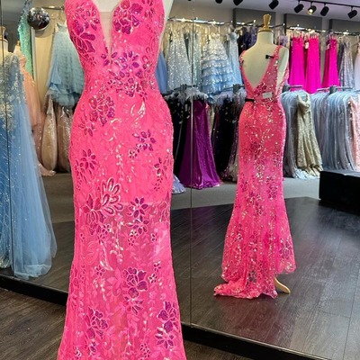 Pink mermaid sequin appliques plunge v long formal dress ,pd230645