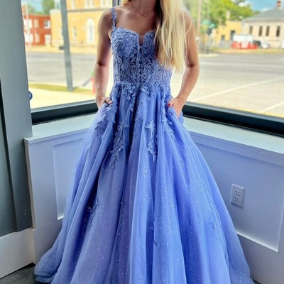 Sweetheart periwinkle tulle appliques a-line long prom dress ,pd230646 - Thumbnail 3