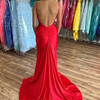 Red Mermaid V-Neck Open Back Long Formal Dress with Slit  ,PD230648 - Thumbnail 1