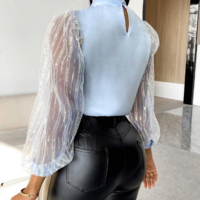 Temperament Nail Bead Bow Bubble Sleeve Chiffon Long Sleeve Top - Thumbnail 1