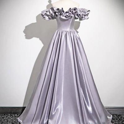 Purple satin floor length prom dress, a-line off the shoulder party dress - Thumbnail 1