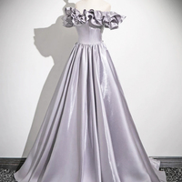 Purple Satin Floor Length Prom Dress, A-Line Off the Shoulder Party Dress - Thumbnail 2