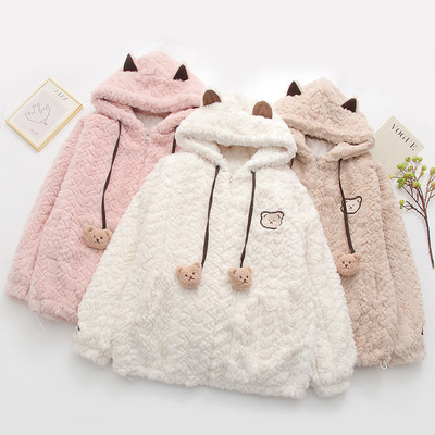 Imitation lamb plush coat with ears hoodie
