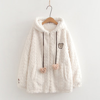 Imitation lamb plush coat with ears hoodie - Thumbnail 4