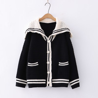Black White Navy Collar Knitted Cardigan - Thumbnail 1