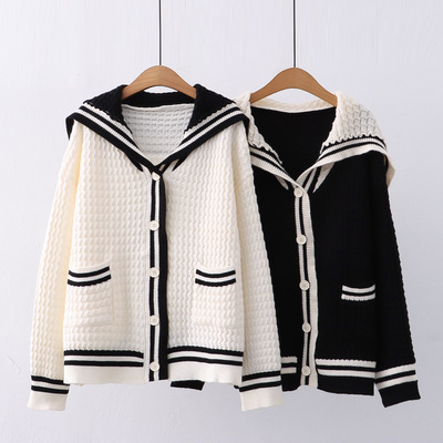 Black white navy collar knitted cardigan