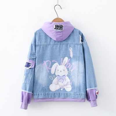 Harajuku bunny print hoodie denim jacket