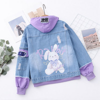 Harajuku Bunny Print Hoodie Denim Jacket - Thumbnail 2