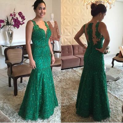 Elegant mother of the bride/groom dress green lace beaded evening formal prom dress
