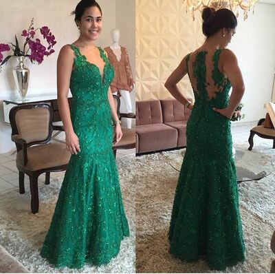 Elegant Mother of the Bride/Groom Dress Green Lace Beaded Evening Formal Prom Dress