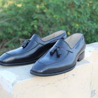 Crafted Leather Handmade Black Tassel Loafers Shoes for Men - Thumbnail 3