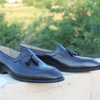 Crafted Leather Handmade Black Tassel Loafers Shoes for Men - Thumbnail 1