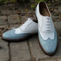 Crafted Leather Gray White Leather Handmade Wingtip Oxford Dress Shoes - Thumbnail 1