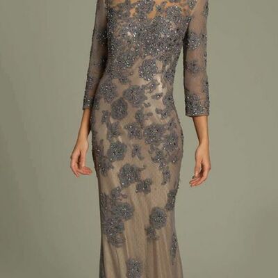 Elegant mother of the bride/groom dress brown lace long sleeve evening formal prom dress
