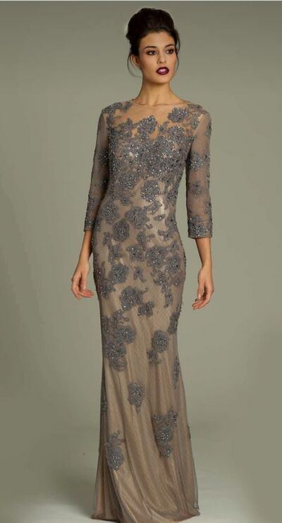 Elegant Mother of the Bride/Groom Dress Brown Lace Long Sleeve Evening Formal Prom Dress