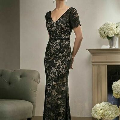 Elegant mother of the bride/groom dress black lace beaded evening formal prom dress