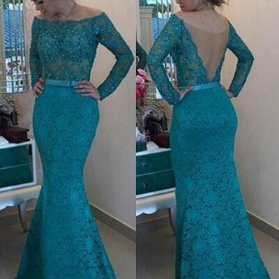 Elegant mother of the bride/groom dress blue lace evening formal prom dress