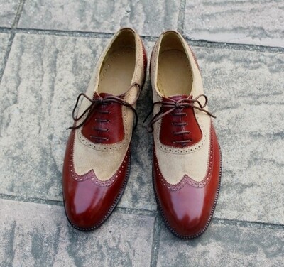 Crafted Leather Classic Red Calf and Brown Suede Leather Dress Formal Oxford Shoes