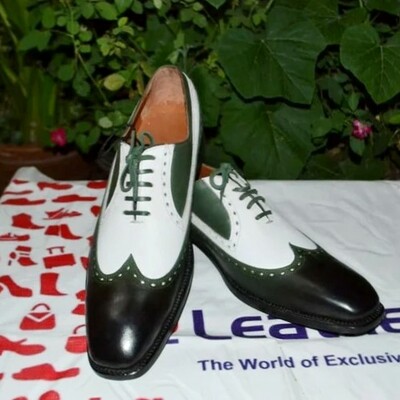 Crafted leather classic green white leather wingtip oxford dress shoes - Thumbnail 3