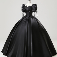 Black Satin Lace Floor Length Prom Dress, Elegant Short Sleeve Party Dress - Thumbnail 1