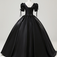 Black Satin Lace Floor Length Prom Dress, Elegant Short Sleeve Party Dress - Thumbnail 2