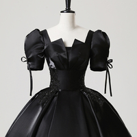 Black Satin Lace Floor Length Prom Dress, Elegant Short Sleeve Party Dress - Thumbnail 3