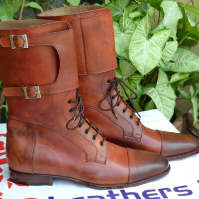 Crafted leather handmade brown double buckle ankle high lace up long military boot - Thumbnail 4