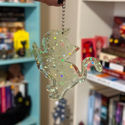 Skeleton cat resin keychain - light green glitter