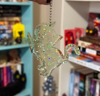 Skeleton Cat Resin Keychain - light green glitter