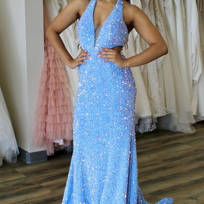  long blue sequin halter trumpet prom dress,pd230651 - Thumbnail 1