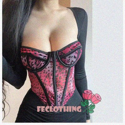 Leopard print contrast color see-through sexy mesh herringbone bra